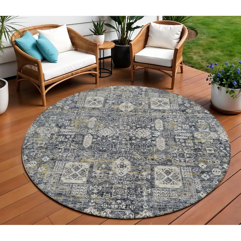 HomeRoots Oriental Transitional Rectangle Outdoor Rug - 8' Round