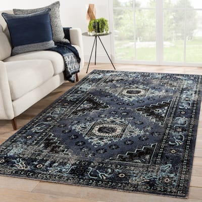 The Curated Nomad Filbert Indoor/ Outdoor Medallion Black/ Blue Rug
