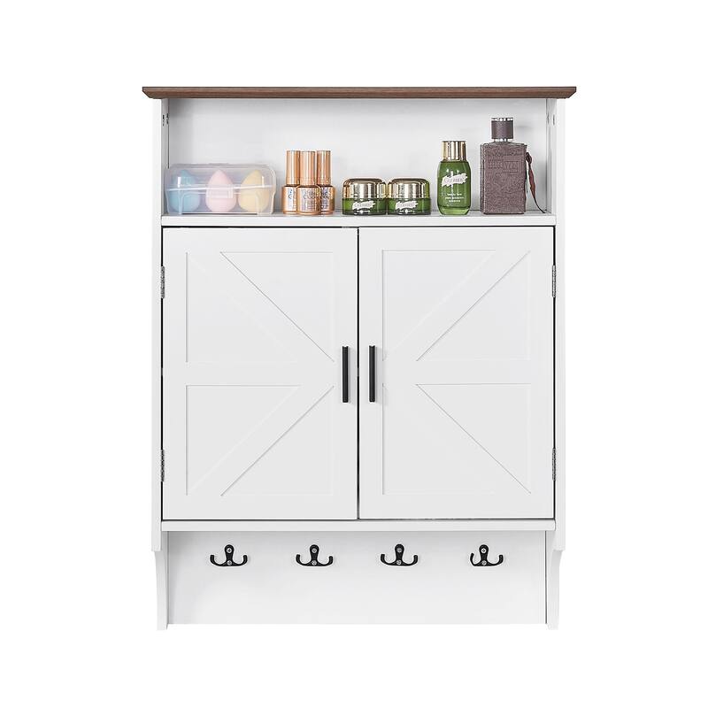 VECELO 28.74" Height Wall Mounted Bathroom Cabinet with Adjustable Shelves Double Door Medicine Cabinet with Open Shelf & Hooks