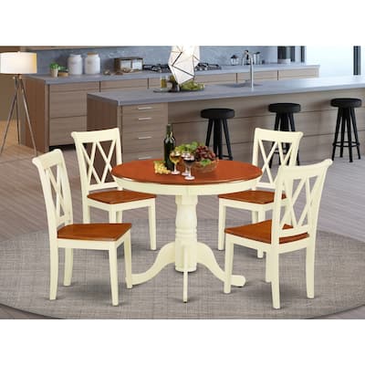 HomeStock 5-Pc Round Buttermilk & Cherry Finish Solid Wood Top Dining table with 4 Chairs with Cross Back