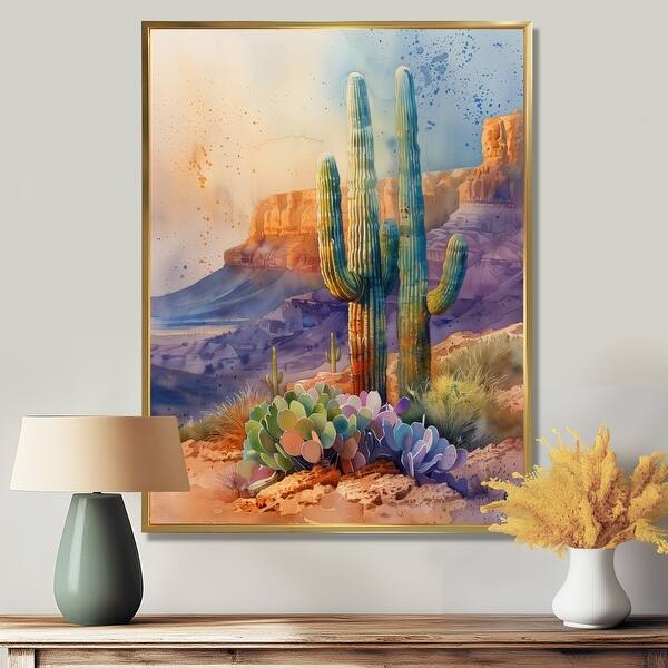 Designart "Green Purple Cactus Desert Wonder I" Floral Cactus Framed Canvas  Wall Art - Traditional Wall Decor Art - Bed Bath & Beyond - 41947911