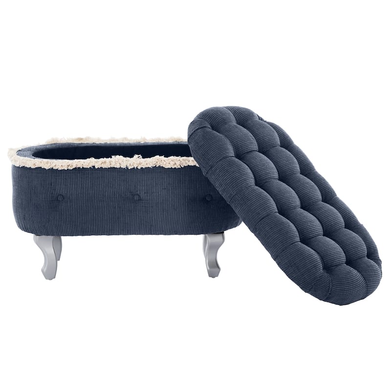Roomfitters Upholstered Storage Bench with Button Tufted Top, End of Bed Bench with Fringe and Curved Legs