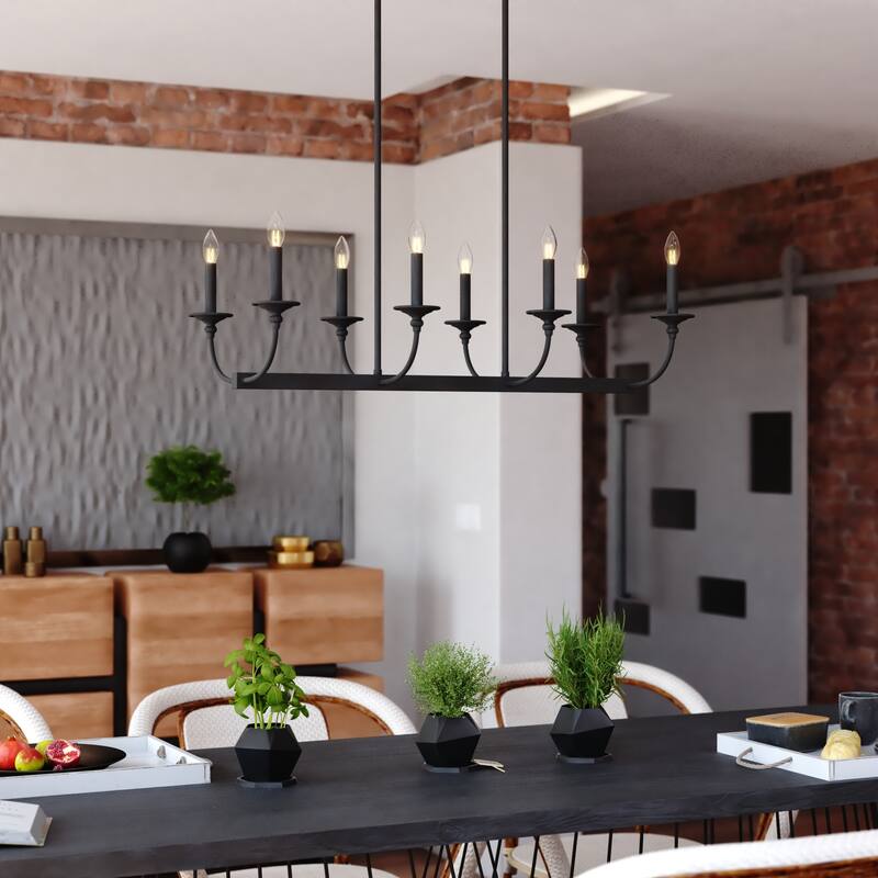Durham 8-Light Black Kitchen Island Pendant Fixture, LED Compatible, Adj Height Linear Chandelier, Dining Entryway Foyer