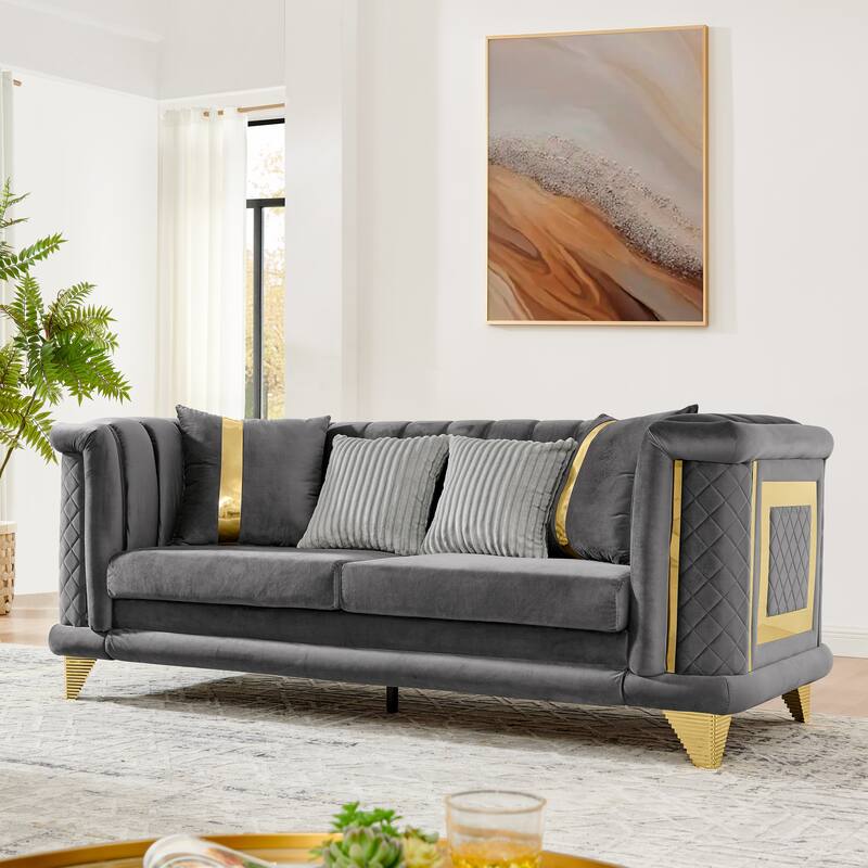 89 Inches Gray Velvet 3 Seater Luxury Sofa with Gold Stainless Steel Trims and Embroidered Texture - Multi-Color