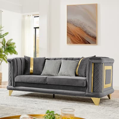 89 Inches Gray Velvet 3 Seater Luxury Sofa with Gold Stainless Steel Trims and Embroidered Texture