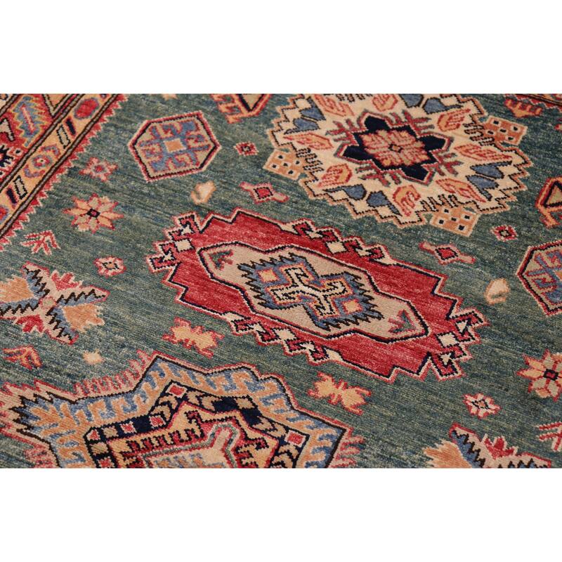 Southwestern Super Kazak Samara Green/Red Hand Knotted Wool Rug - 4'2'' x 5'11''