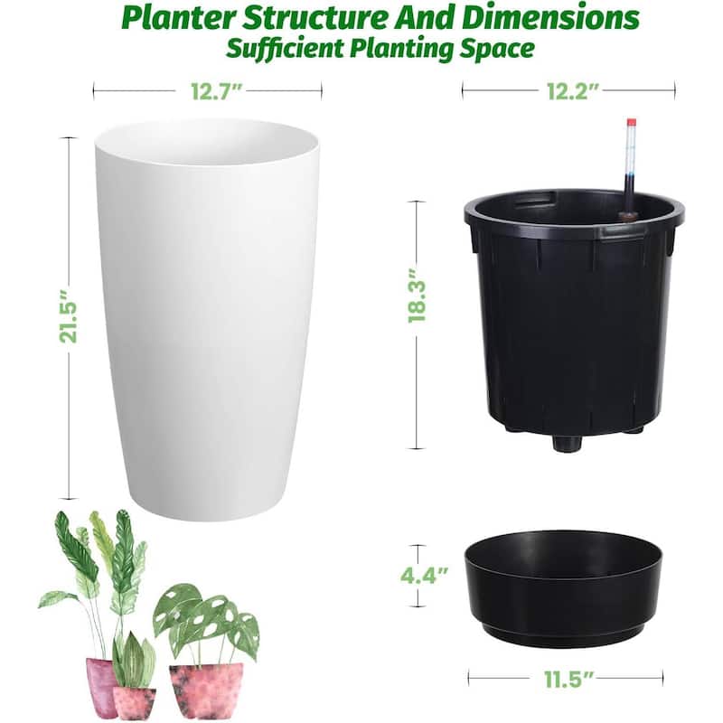 Set of 2 Tall 21.7" Self-Watering Planters, Flower Pots for Porch, Patio, Backyard