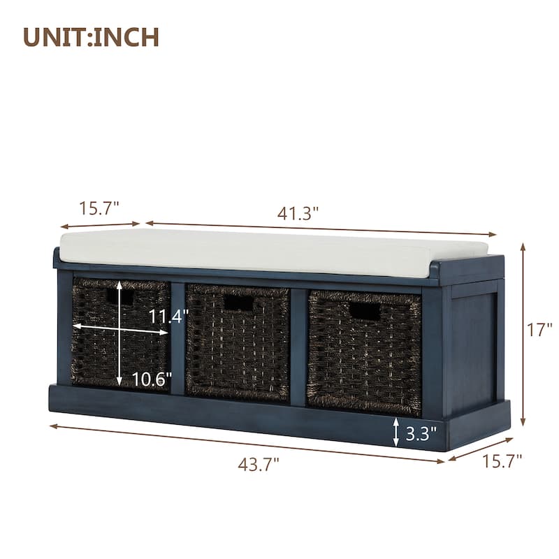 Storage Bench with 3 Removable Classic Rattan Basket , Entryway Bench with Removable Cushion