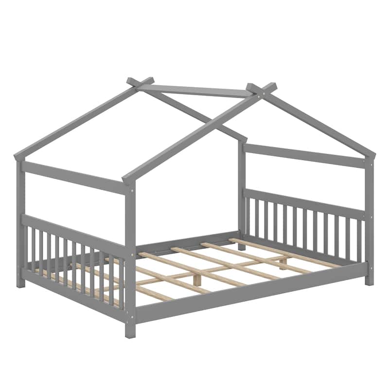 Full Size Kids Wooden House Design Platform Bed Montessori with Headboard and Footboard