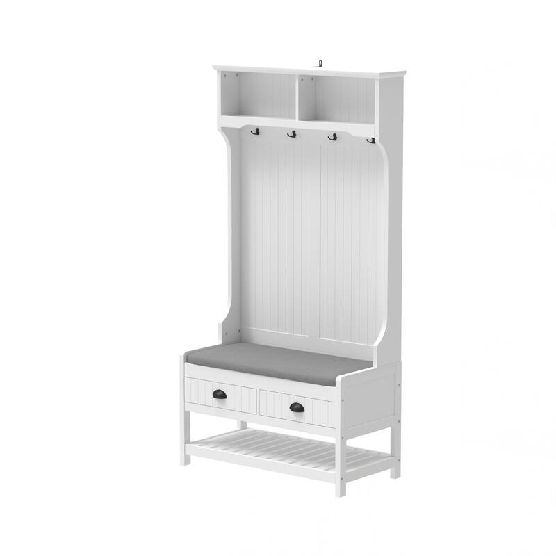 3-in-1 Hallway Hall Tree with 2 Storage Drawers, 4 Coat Hooks, Padded Bench Cushion, Entryway Shoe Rack with Top Shelves