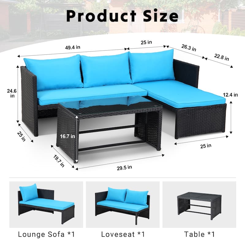 3-Piece Outdoor PE Rattan Furniture Set Patio Wicker Conversation Loveseat Sofa Sectional Couch Cushion