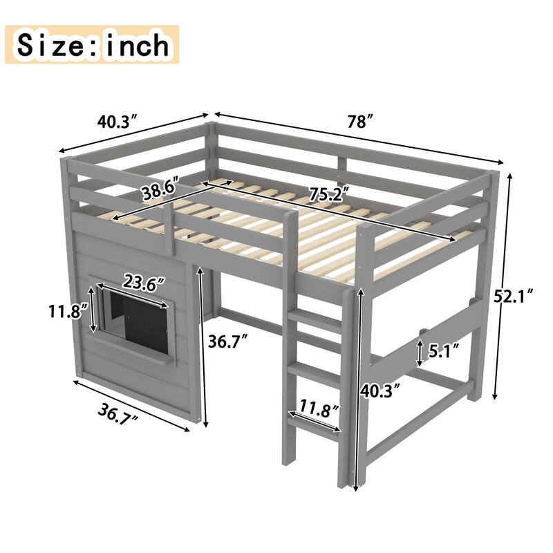 Full/Twin Loft Bed with Sliding Chalkboard, Bookshelf & Safety Rails
