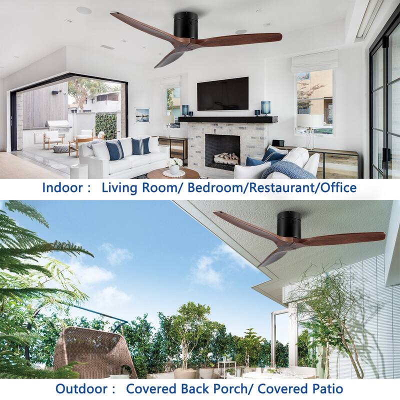 YUHAO SylvanAir Modern 52 in. Flush Mount Outdoor/Indoor Ceiling Fan with 3 Solid Wood Blades and DC Reversible Motor