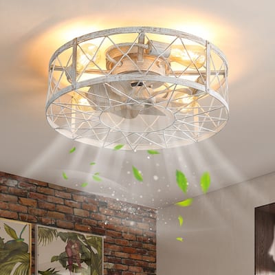 Modern White Drum Cage Flush Mount Ceiling Fan with Lighting