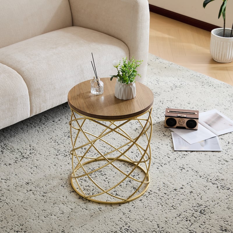 Modern Birdcage Shaped Side Table Golden Accent Table with Wood Round Top and Metal Mesh Base, Indoor Small End Table - Gold