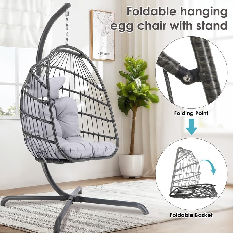 Oversized 1-Person Foldable Hanging Egg Chair - Wicker Swing Chair with Stand, Portable for Indoor Outdoor Patio