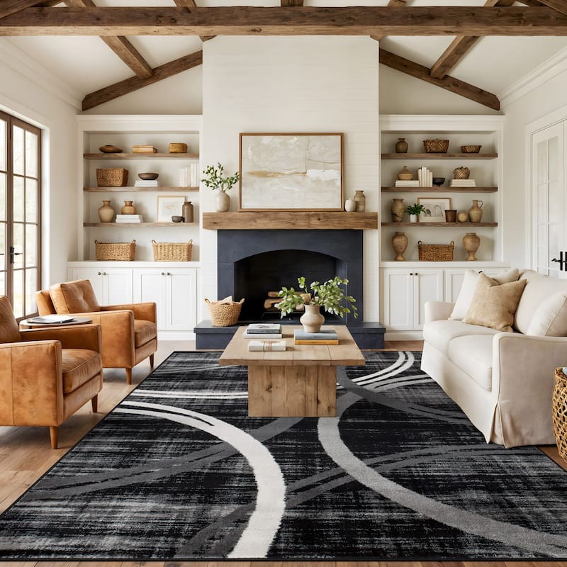 World Rug Gallery Contemporary Abstract Circles Design Area Rug - 7'10" x 10'2" - Black