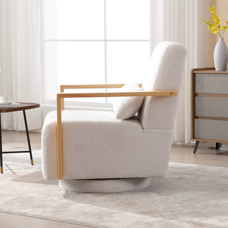 Mid-Century Boucle Upholstered Swivel Armchair With Pillow