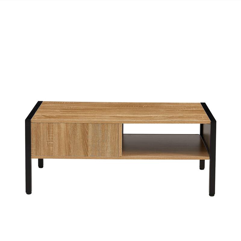 40.16" Rattan Coffee table, sliding door for storage, metal legs, Modern table for living room