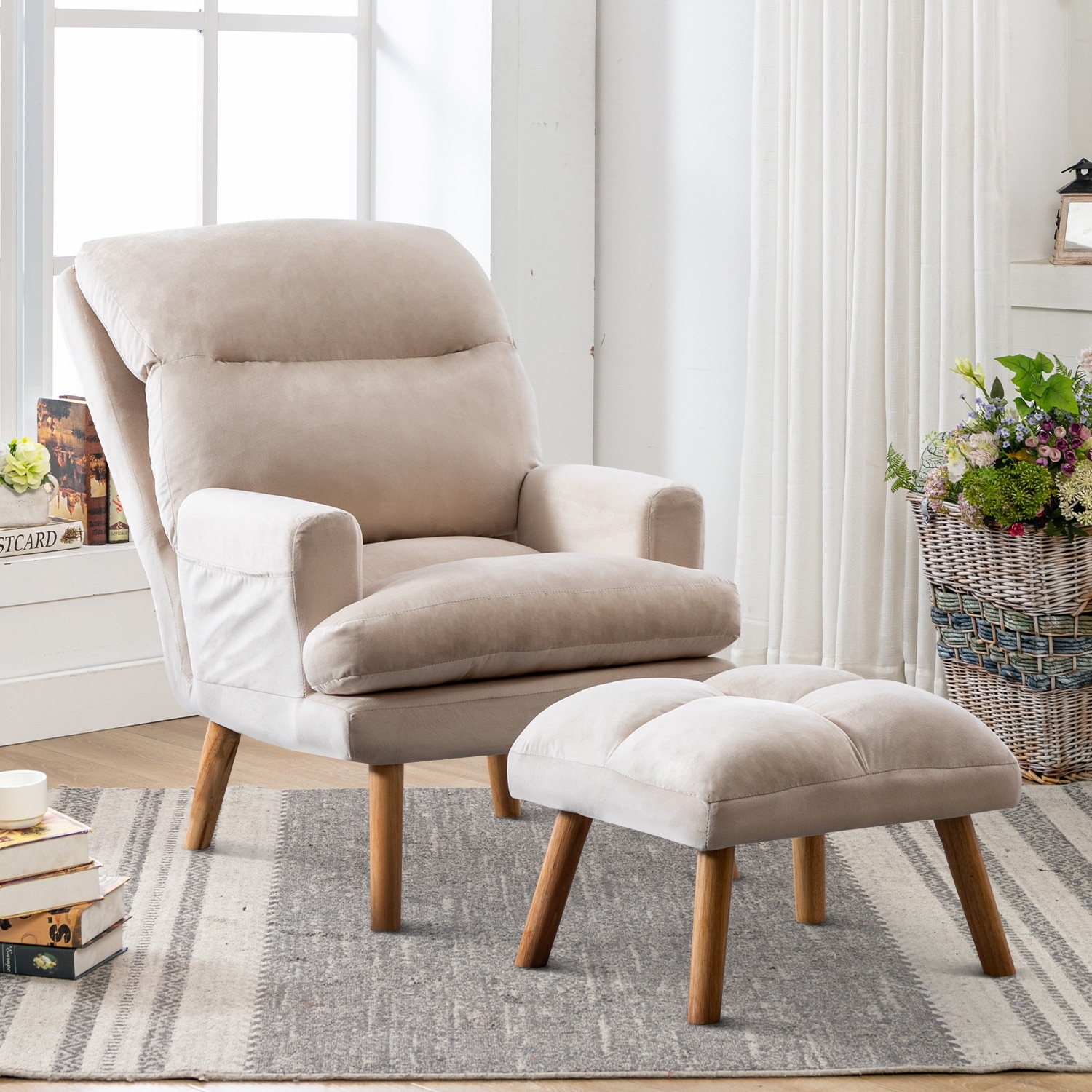 Soft Fabric Armchair with Adjustable Backrest and Side Pockets,with Ottoman