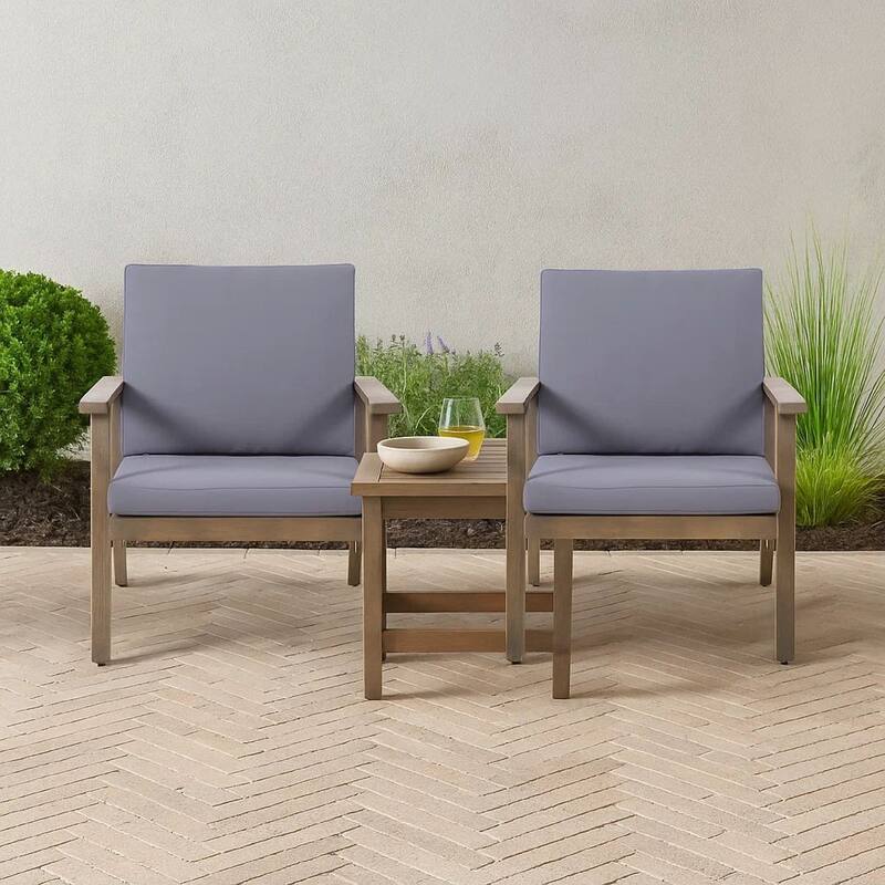 Elin Outdoor Club Chair Set of 2, Acacia Wood Frame, Gray Cushions