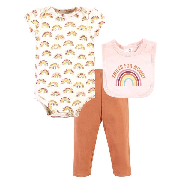 slide 1 of 1, Hudson Baby Infant Girl Cotton Bodysuit, Pant and Bib Set, Sunshine Rainbows 3-6 Months - Sunshine Rainbows