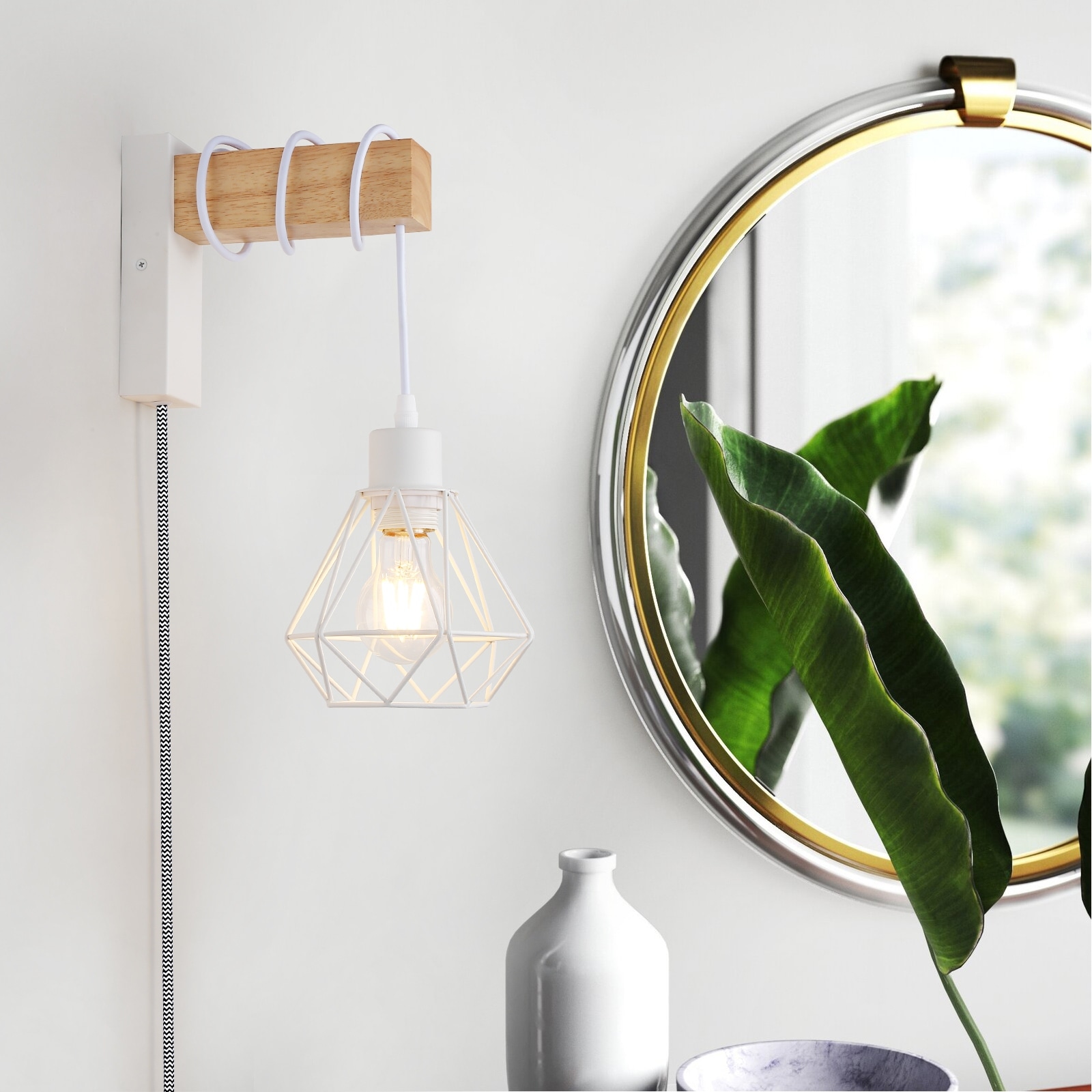 Modern Plug in Wire Wood Cage Black Wall Lamp Industrial Rustic Retro Pendant Lamp With Adjustable Hanging Wall Lights Fixture Bed Bath Beyond 38006422