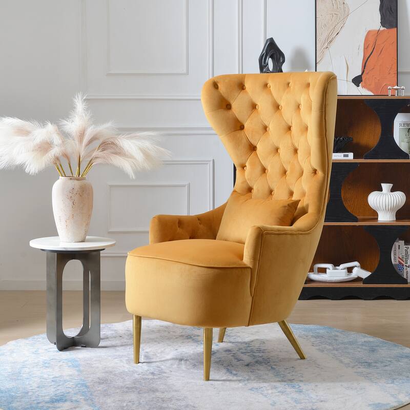 KINWELL Upholstered Tufted Velvet High Wingback Accent Chair - Camel
