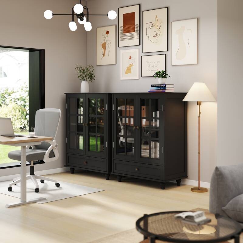 Buffet Cabinet with Double Glass Doors, Wooden Storage Cabinet, Sideboard Cupboard with Adjustable Shelves
