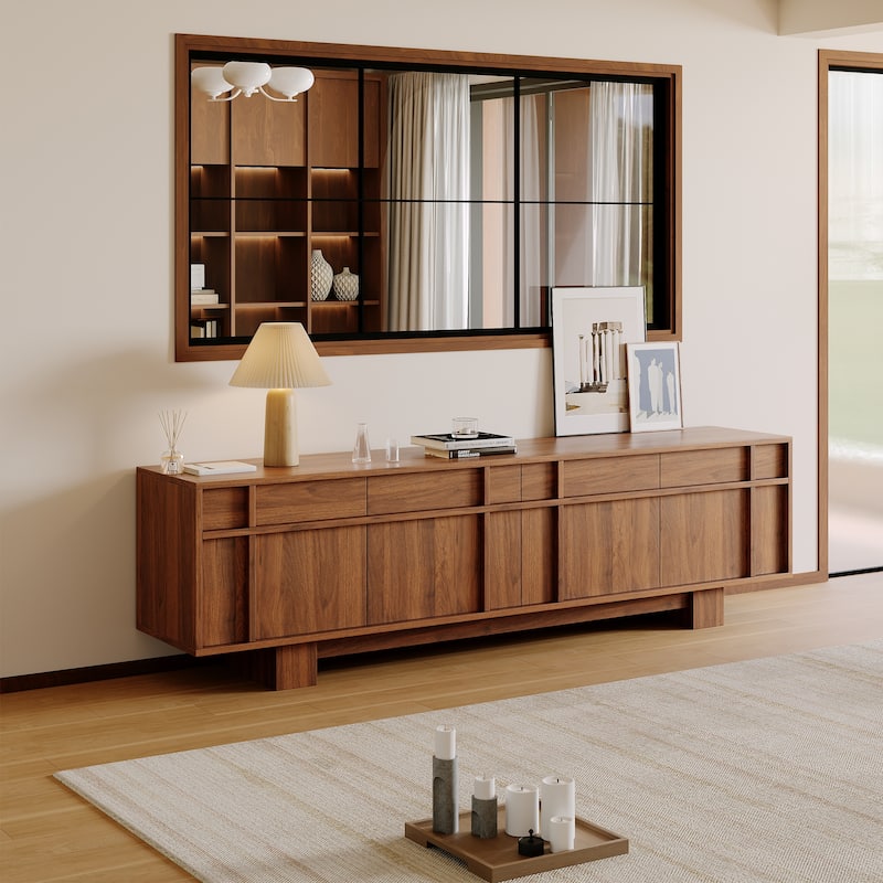 70.87" Mid Century TV Stands, Brown Wood Texture with ample Storages - Brown