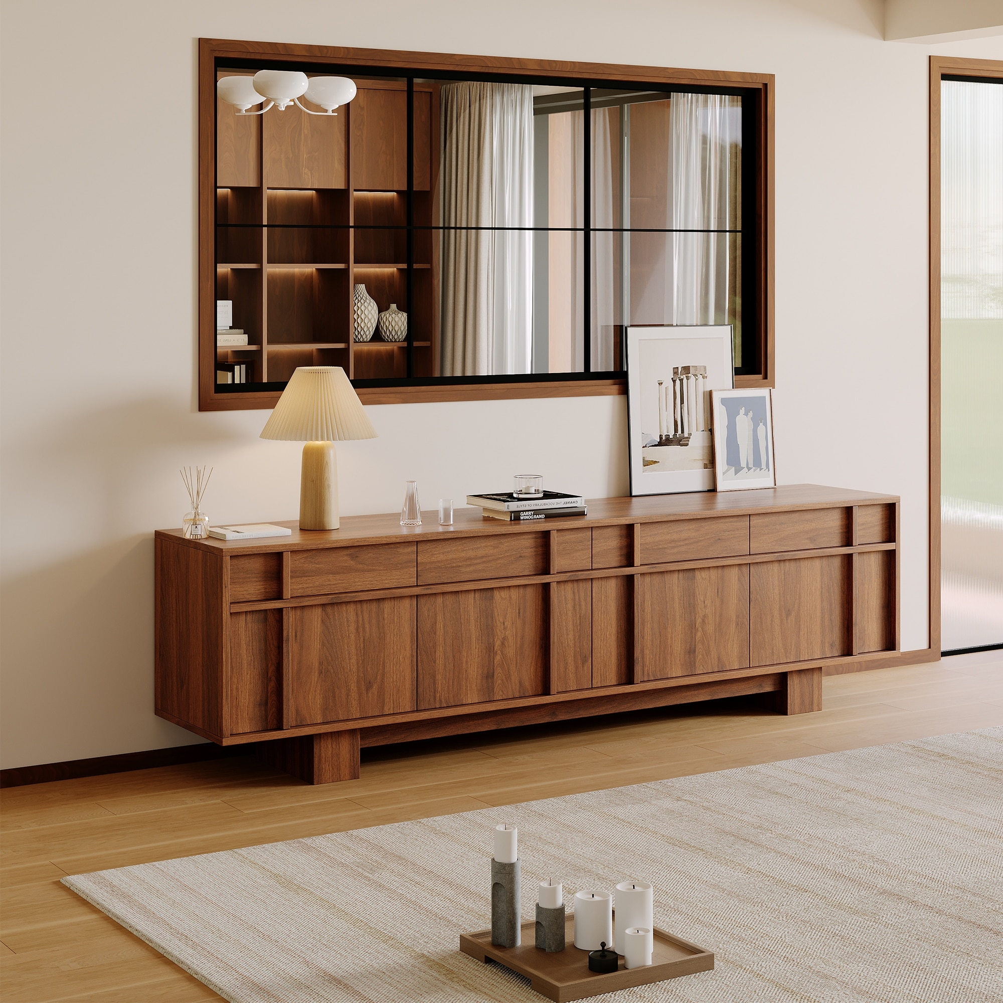 70.87" Mid Century TV Stands, Brown Wood Texture with ample Storages