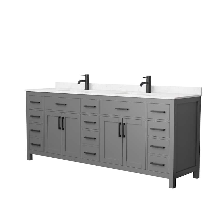 Beckett 84 Inch Double Vanity, Cultured Marble Top - Dark Gray, Black Trim, Carrara Cultured Marble Top