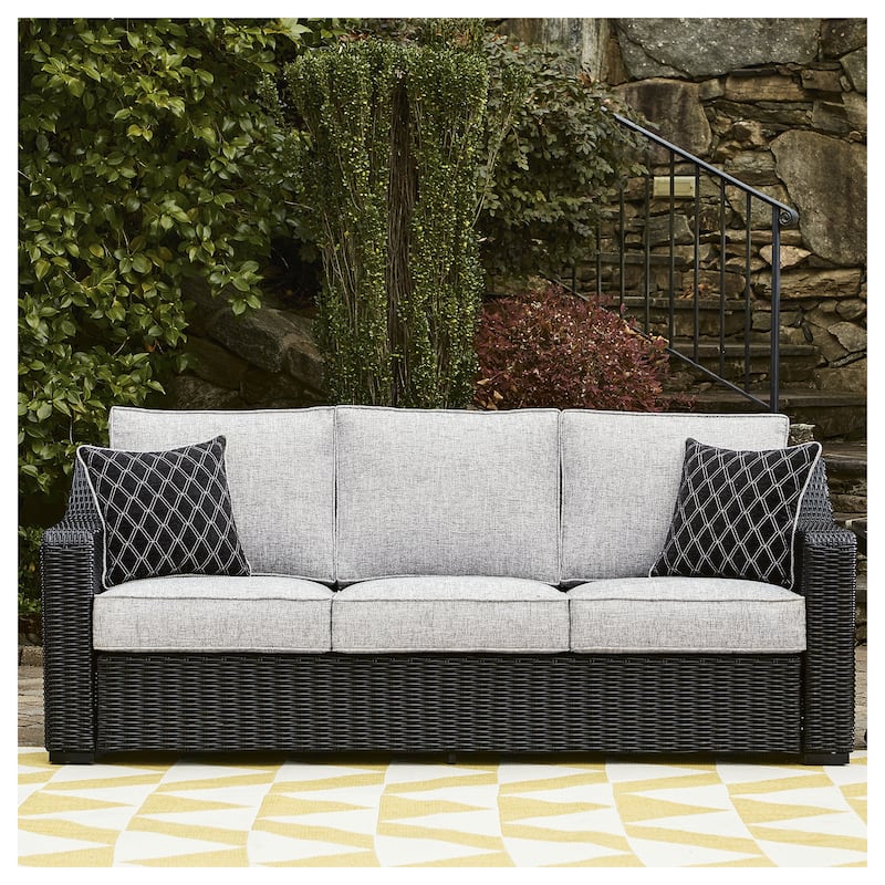 Signature Design by Ashley Beachcroft Outdoor Sofa with Cushion - 82.25" W x 37.75" D x 34.63" H - Black/Light Gray