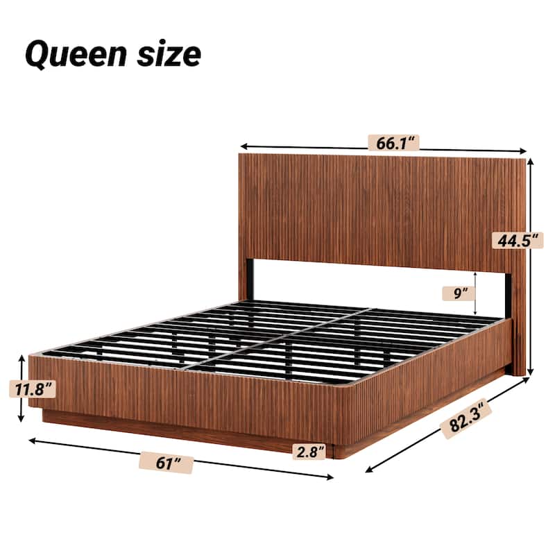 Queen Size Bed Frame, Modern Wooden Corrugated Curved Lines, Convex Groove Board Design, Walnut