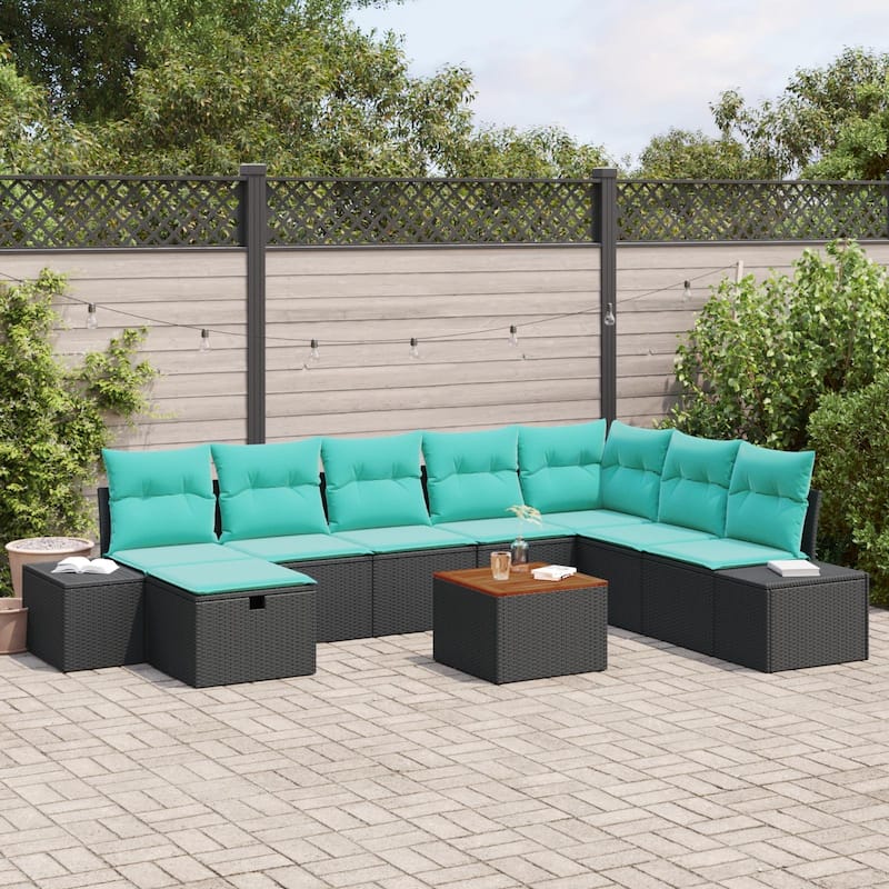 vidaXL 9 Piece Garden Sofa Set with Cushions Black Poly Rattan - 125.6×82.3×27.2