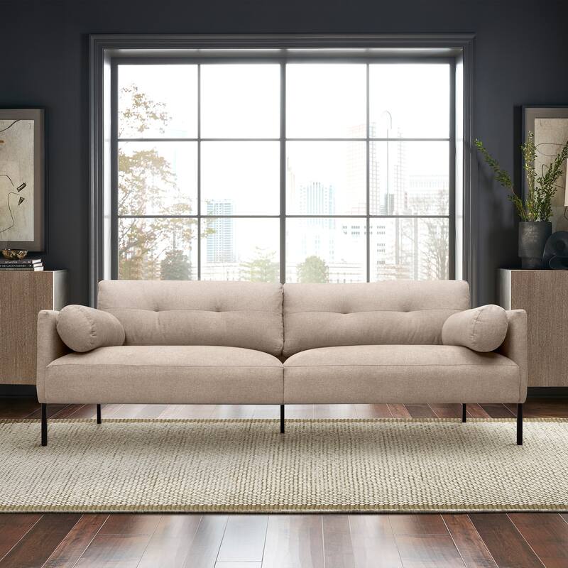 Michalina 84" Fabric or Velvet 3 Seater Sofa with Black Metal Legs - Beige Fabric