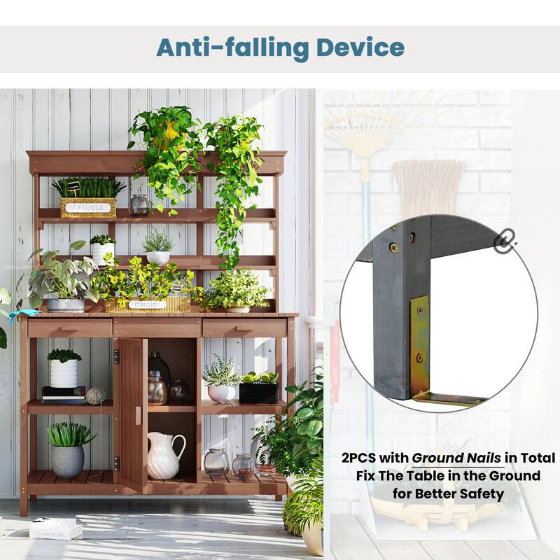 Outdoor Wooden Potting Bench Table, Garden Potting Bench with Cabinet, Patio Workstation with 4 Open Shelves and 2 Drawers