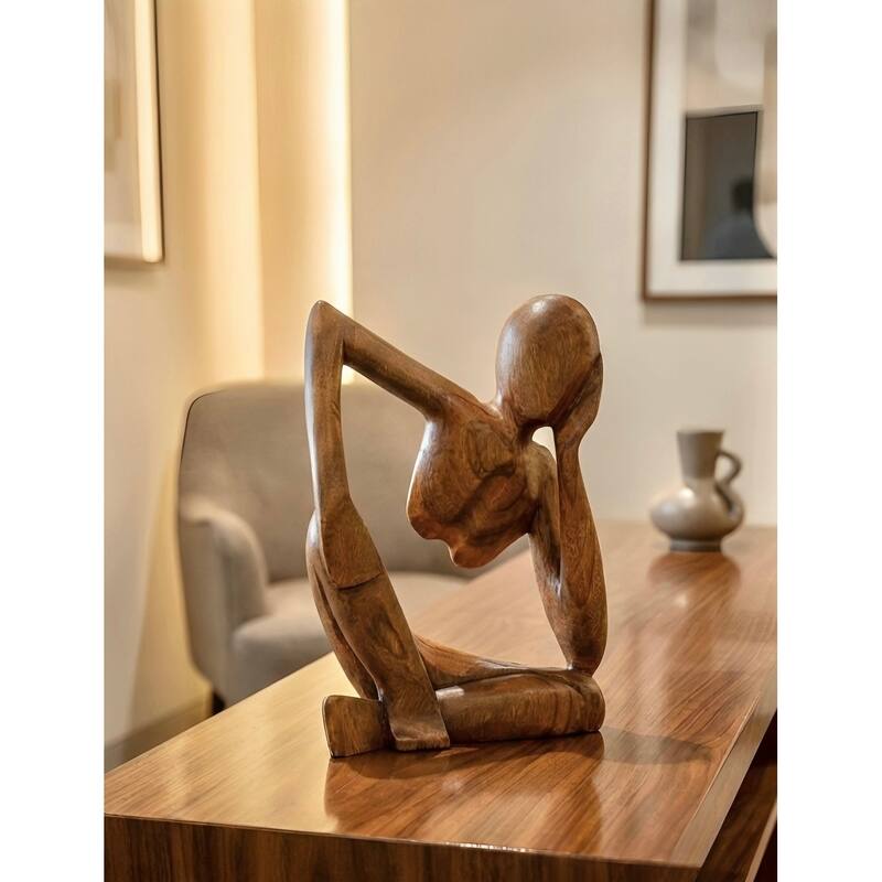 12" Wooden Handmade Abstract Sculpture Statue Handcrafted "Thinking Man 2" Gift Home Decor Figurine Accent Artwork Hand Carved