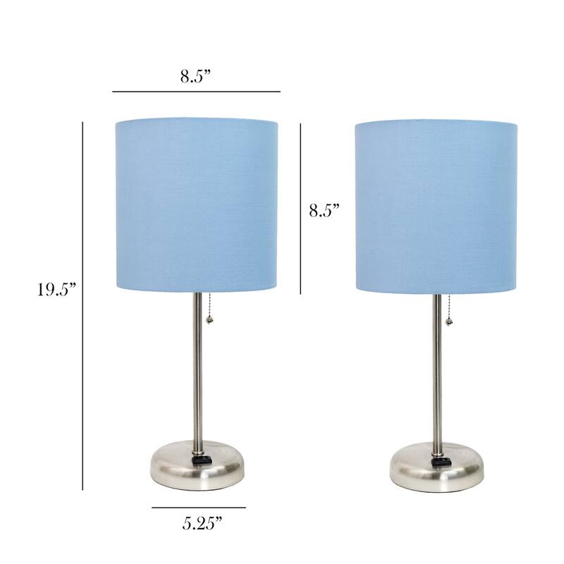 19.5 in. Brushed Steel Finish Table Lamp with Blue Shade, Desk Lamp for Writing and Computer Desks, Set of 2