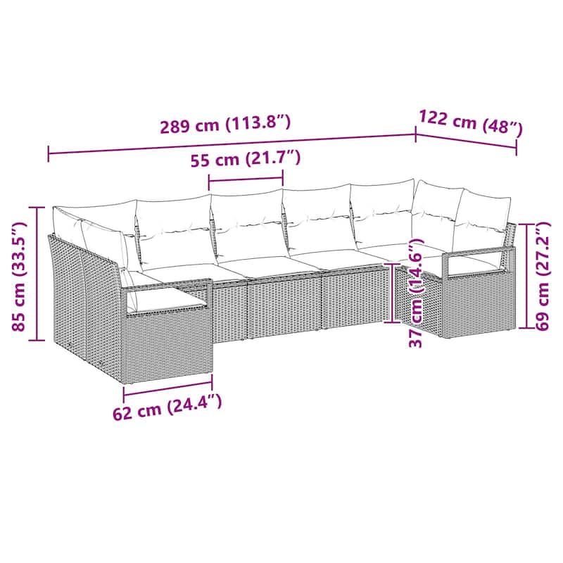 vidaXL 7 Garden Sofa Set with Cushions Black Poly Rattan - 113.8 x 48 x 27.2