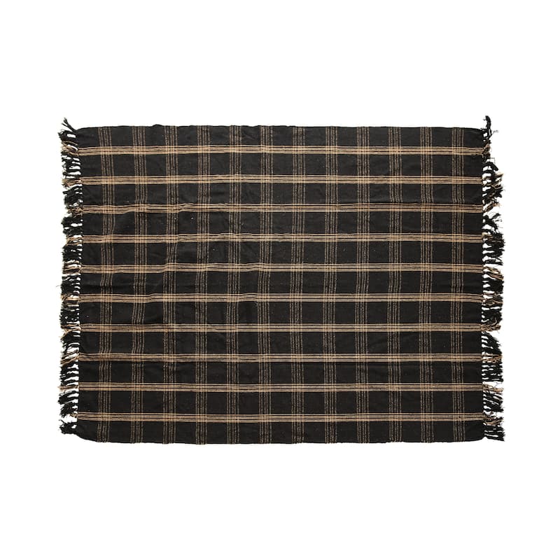 Plaid Black & Tan Fringed Woven Cotton Blend Throw