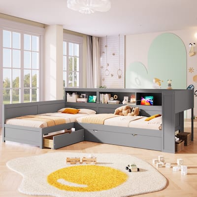 Wood Twin Size L-shaped Platform Bed with Trundle, Charging Station and Storage Shelves
