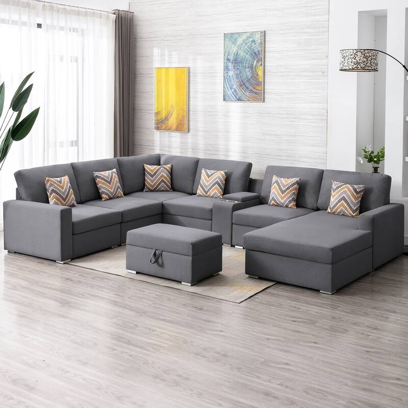Linen Fabric 8 Piece Reversible Chaise Sectional Sofa with Storage Ottoman, and Storage Console Table
