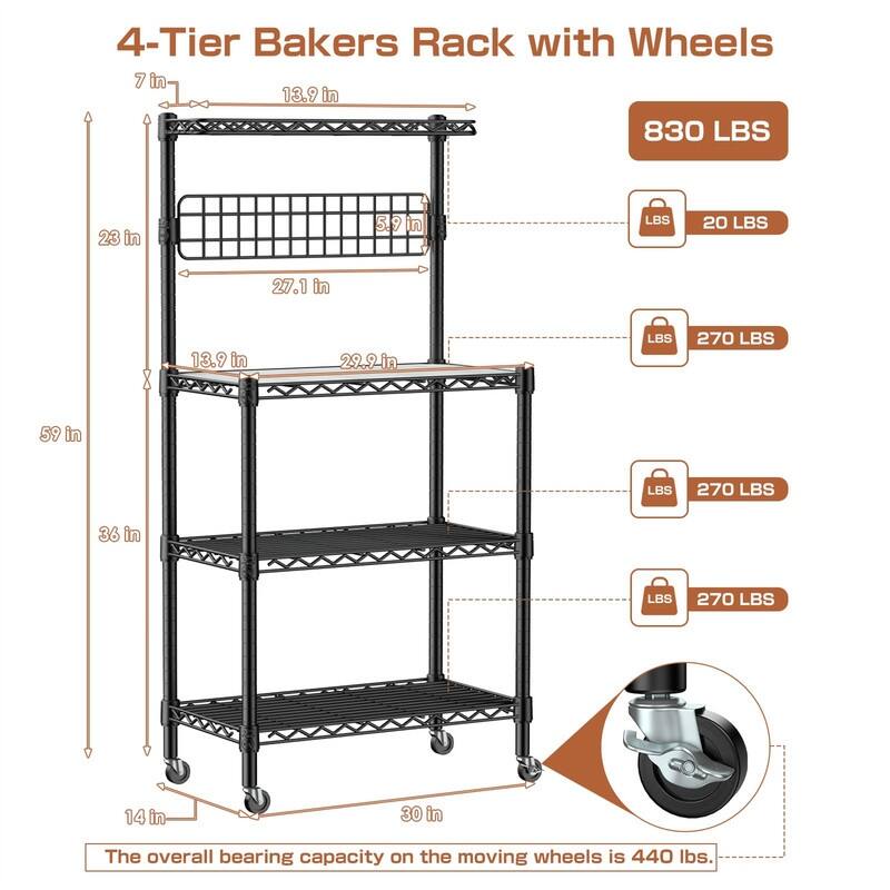 Bakers Rack for Kitchen with Storage - 14"D x 30"W x 59"H
