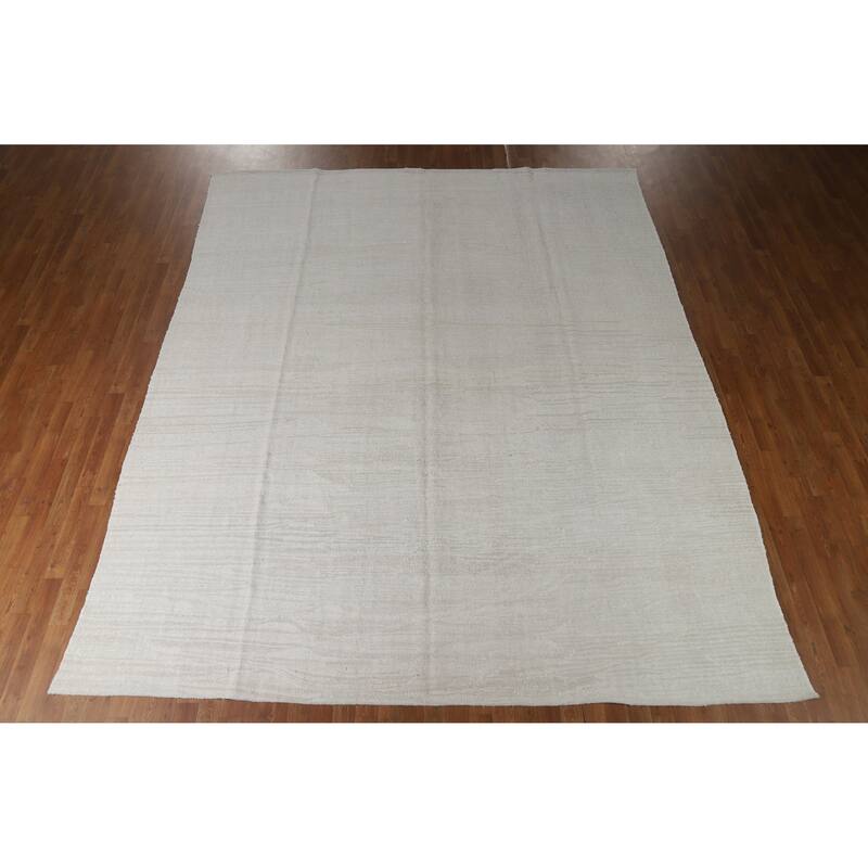 Hand Woven Oriental Cotton Carpet Modern Solid Beige & Ivories Kilim Area Rug - 11' 4'' X 9' 4''