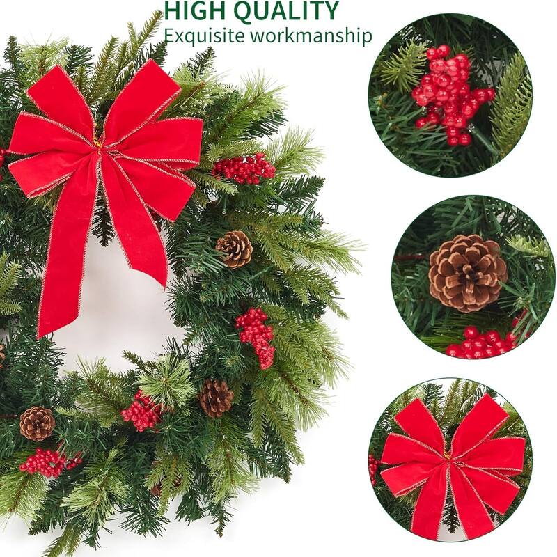 24 Inch Prelit Christmas Wreath for Front Door with Red Bow