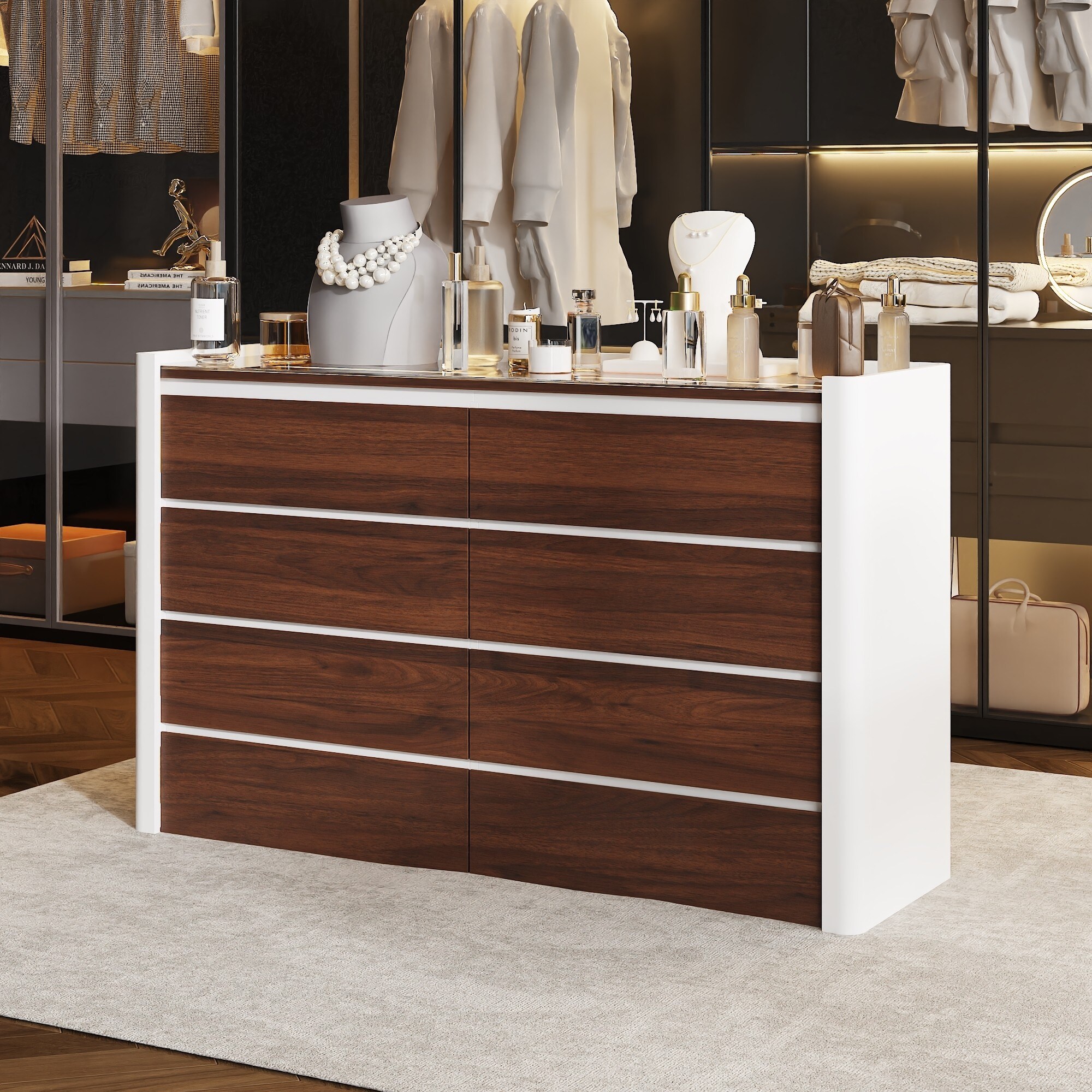 8-Drawer Dresser w/Glass Top, Pine Wood Frame, LED Display 8-Drawer Dresser w/Glass Top, Pine Wood Frame, LED Display