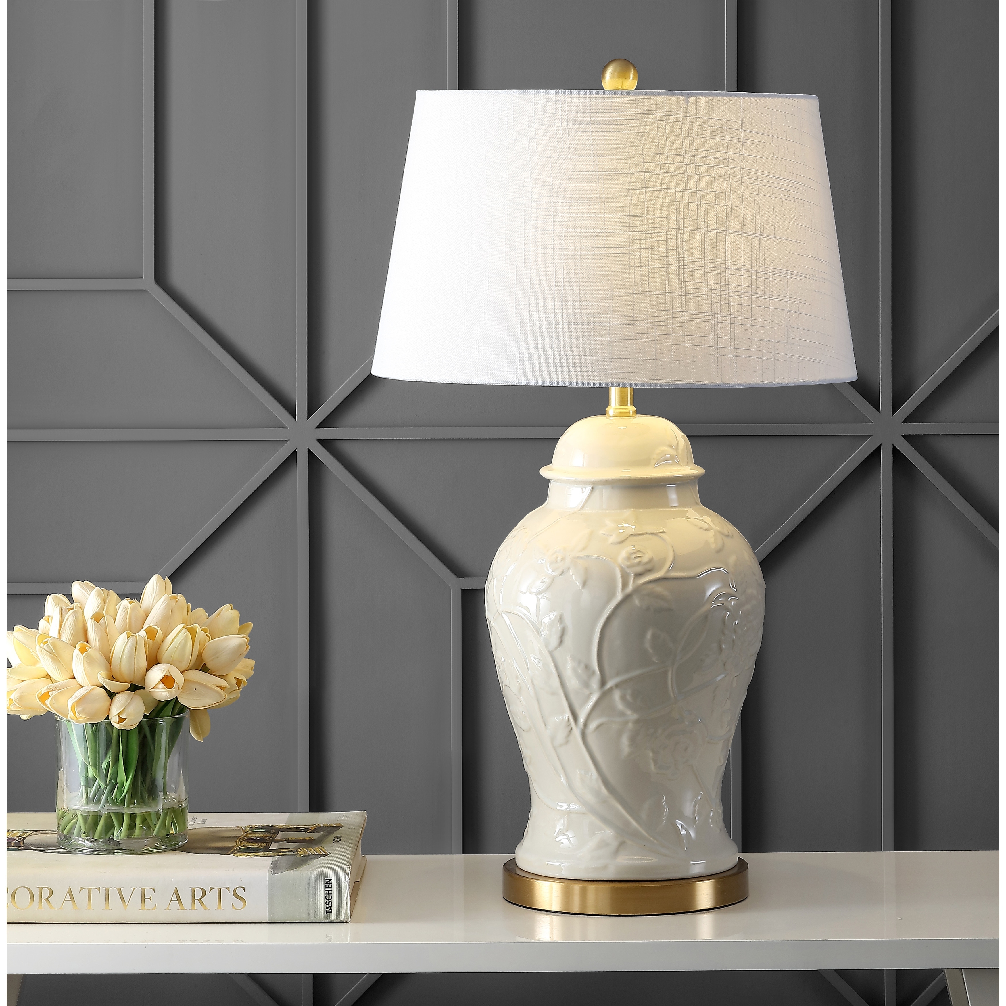 JONATHAN Y Chi 29.5" Ceramic Classic Traditional LED Lamp Table Lamp, Cream