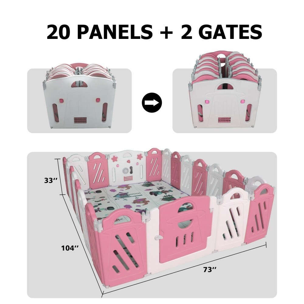 22-Panel Pink and White Foldable Baby Playpen with Safety Lock