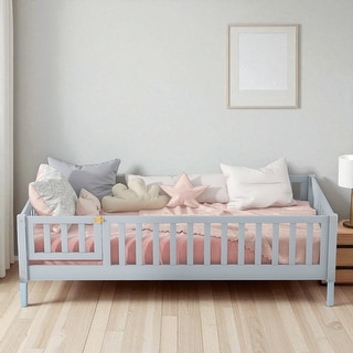 Twin Size Floor Bed with Fence and Door, Rubber Wood Frame with Safety Guardrails